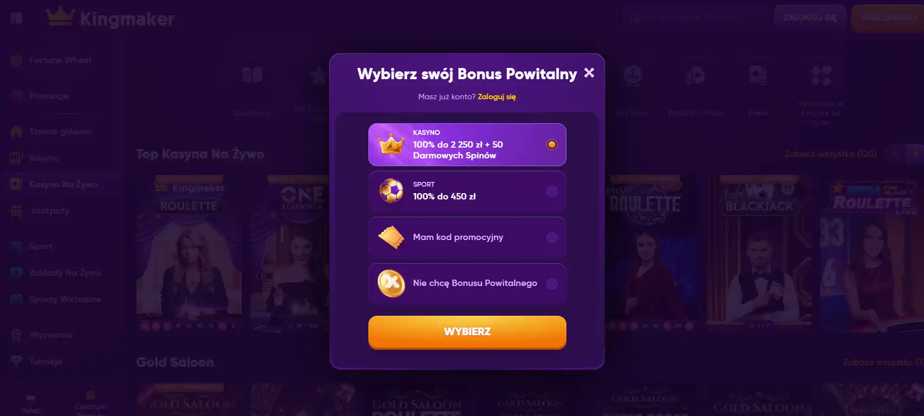Ekran rejestracji Kingmaker z wyborem danych konta i bonusu
