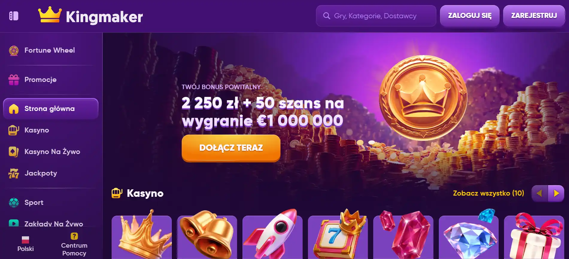 Polska strona główna Kingmaker z brandingiem i nawigacją
