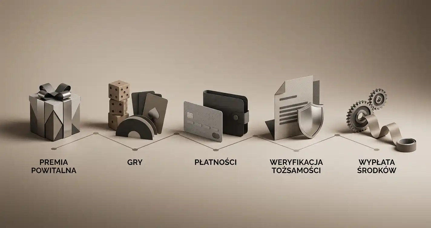Neutralna ilustracja procesu oceny kasyna: bonus, gry, płatności, KYC i wypłata